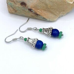 Blue Green & Silver Ethnic Look Handmade Pierced Earrings LR152